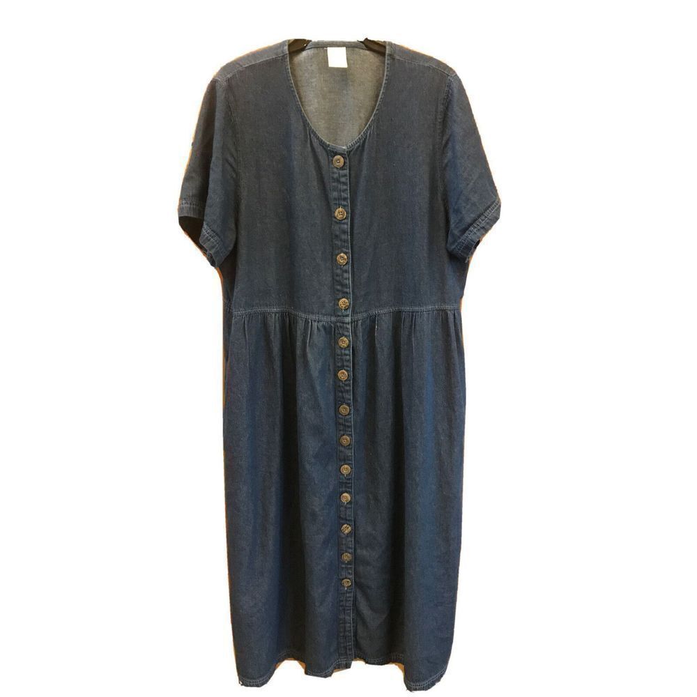 Blair Women Denim Maxi Dress Button Down Cotton Short Sleeve XL Pockets
